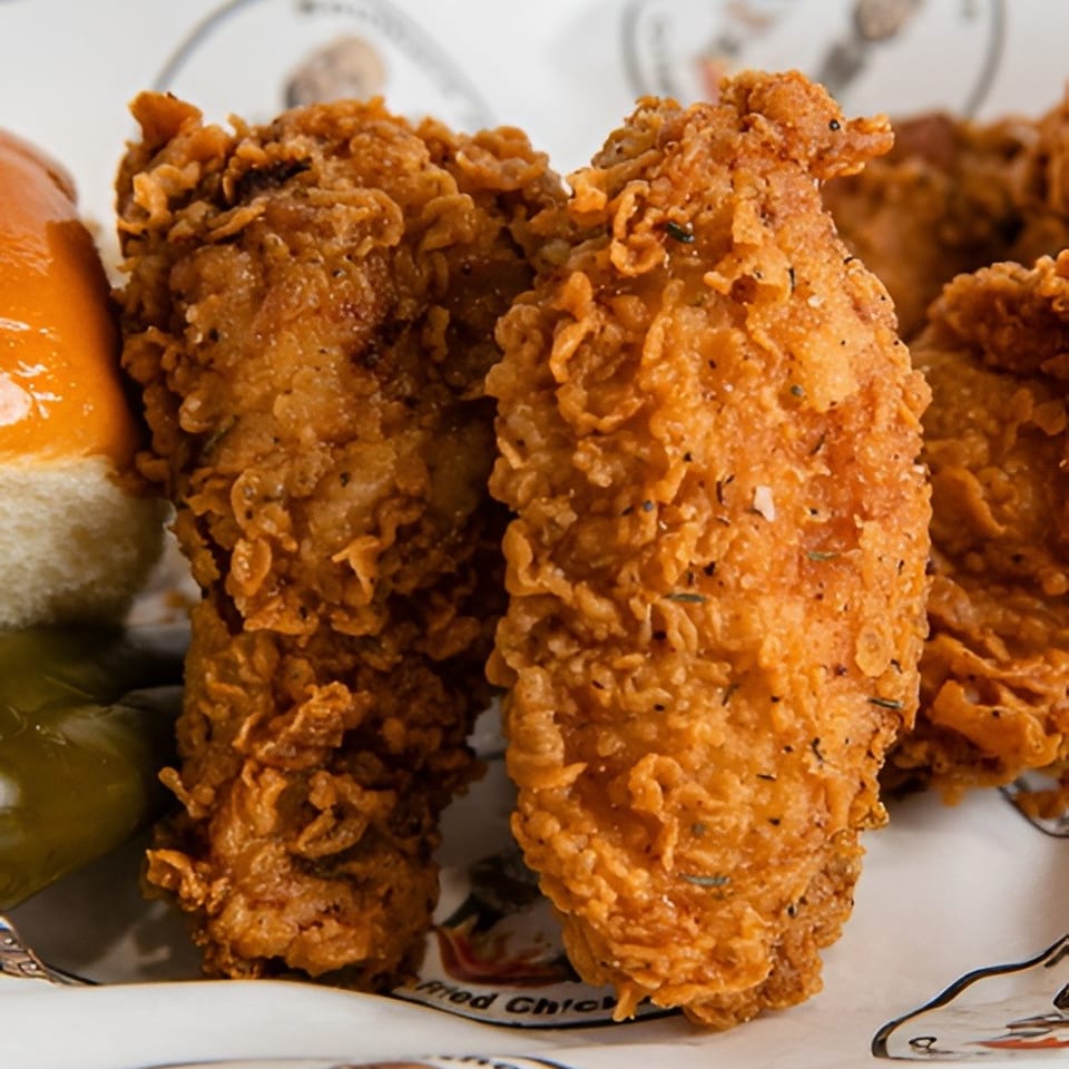 Close-up of crispy fried chicken pieces served with a pickle and bread on a patterned plate.