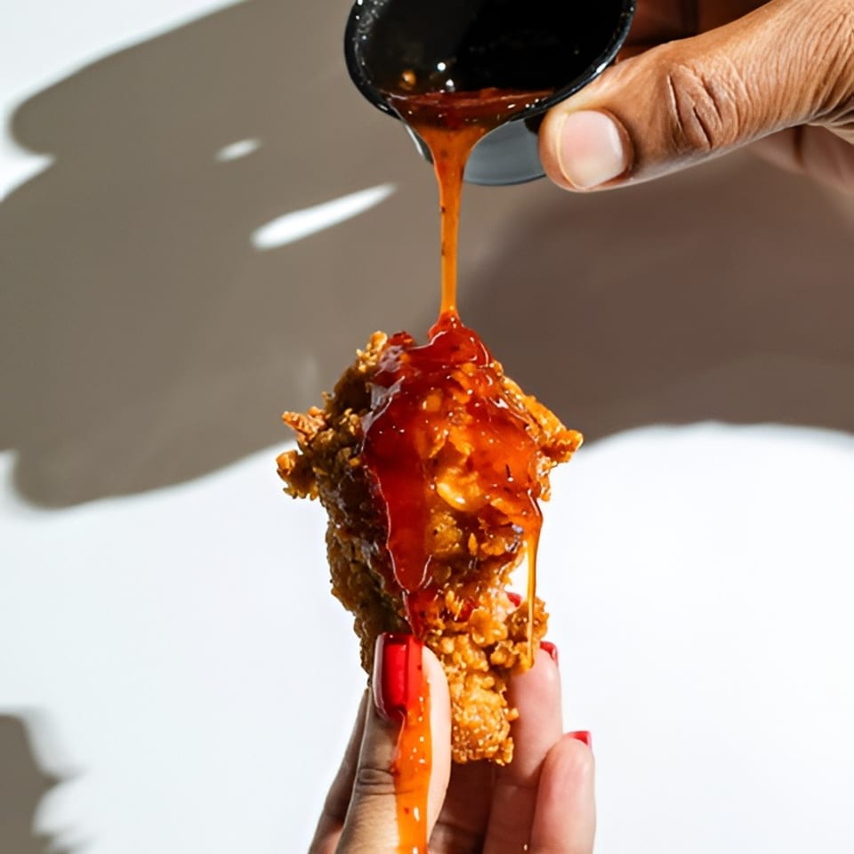 Hands drizzle glossy red sauce from a black bowl over a crispy fried chicken tender.