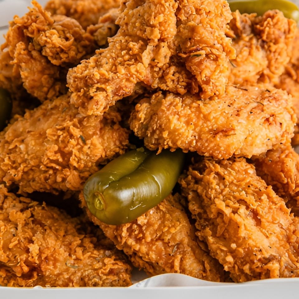 Crispy golden fried chicken pieces piled on a plate with green jalapeño peppers.
