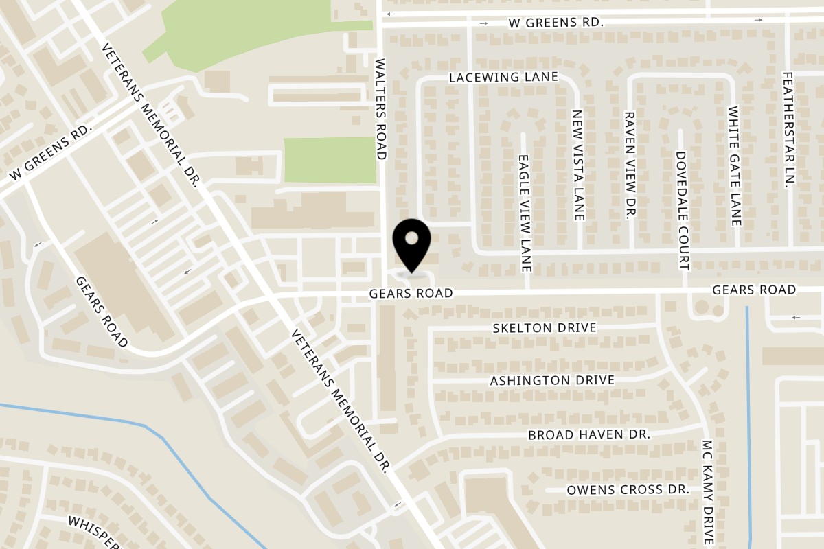 Map showing the location of Southern Jerks on 2950 Gears Rd in Houston